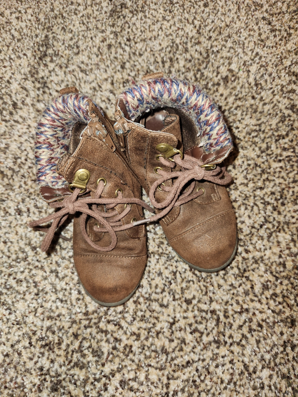 Falls Creek Brown Kids Lace-Up Ankle Boots with Multicolor Knit Cuff